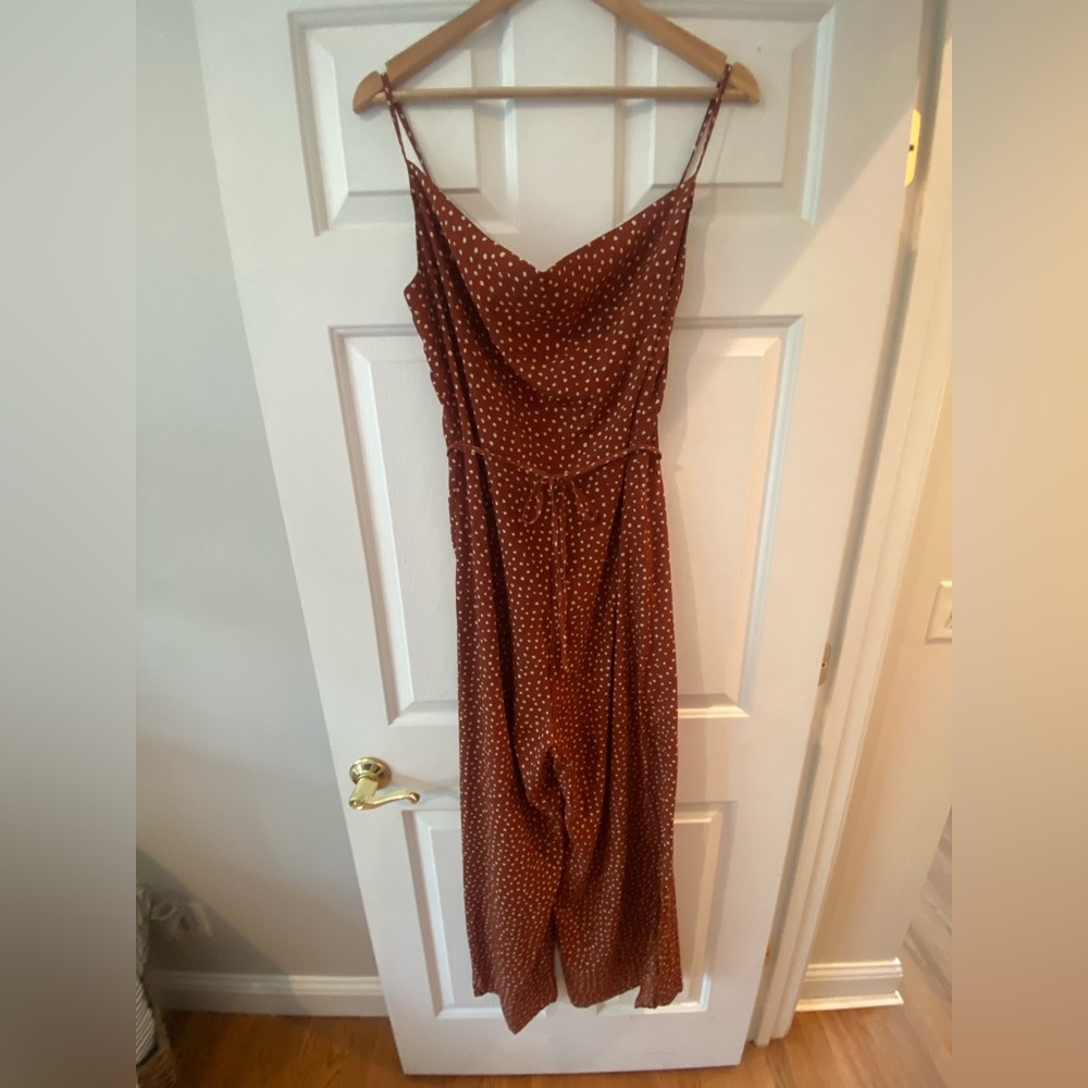 NEW WITH TAGS- Rust Polka Dotted split leg jumpsuit with adjustable strap/belt
